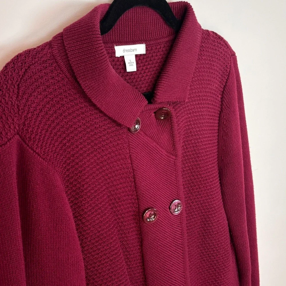 Dress Barn Womens Double Breasted 100% Cotton‎ Maroon Cardigan SZ L Chunky Knit